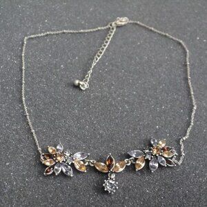 OHQ Necklace Amber, Brown, Gray Marquise Crystal Pewter-Toned Chain 17-20.5 Vtg